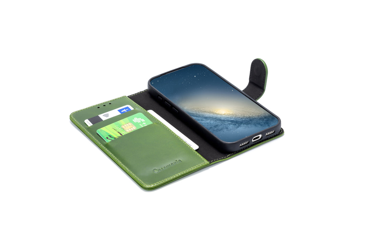Apple iPhone 18 Pro Hülle - Olivgrün - Echte Leder-Brieftasche