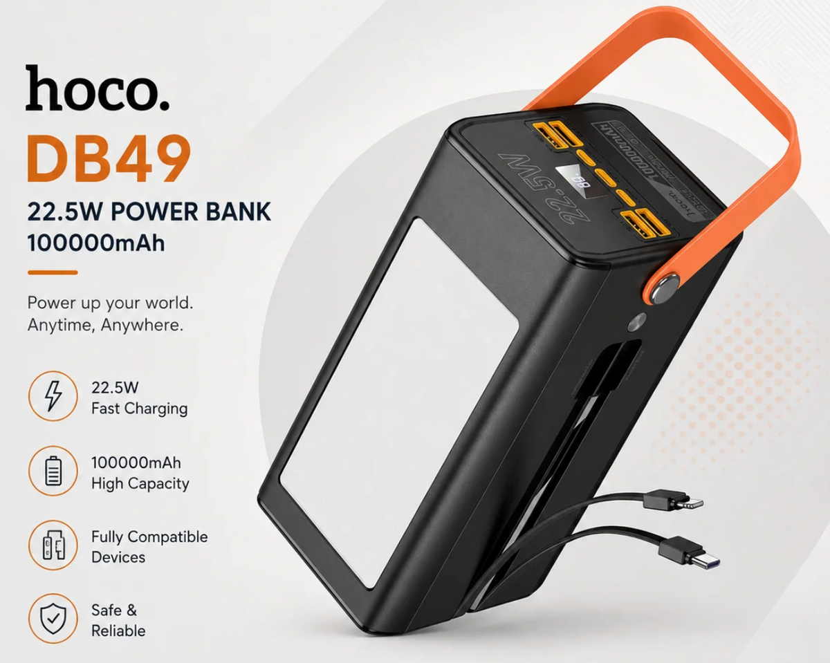 Hoco Powerbank 100.000mAh 22.5W met Ingebouwde Kabels - Zwart