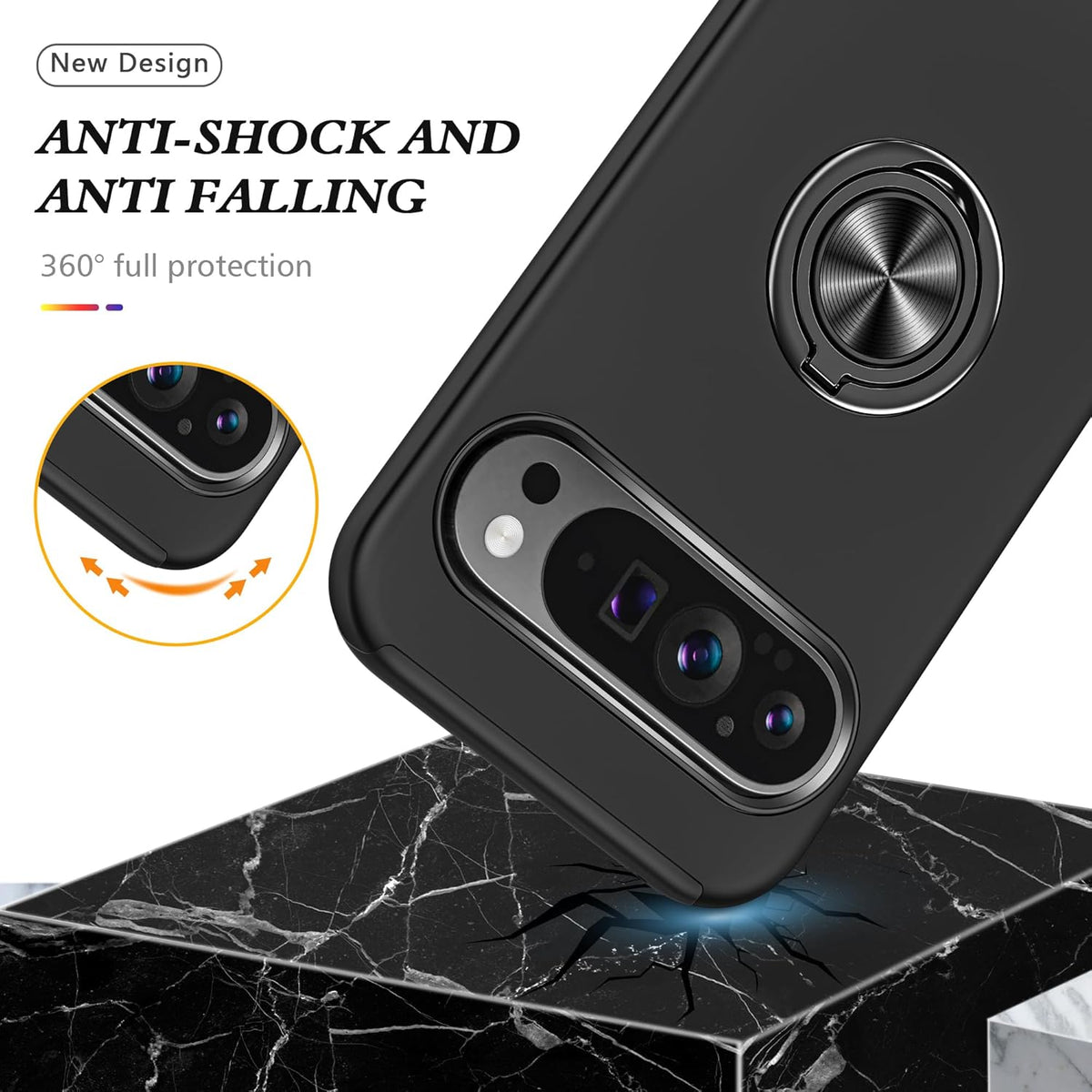 Google Pixel 9 Pro Hoesje - Zwart - Ring Kickstand Back Cover