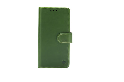 Apple iPhone 17 Hülle - Olive Green - Echtleder-Klapphülle mit Kartenfach