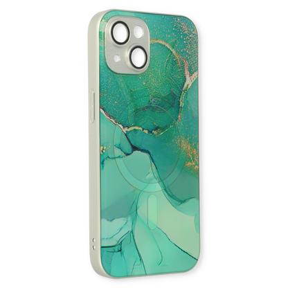 Apple iPhone 14 Hoesje - Blauw - Siliconen Marmer MagSafe Back Cover