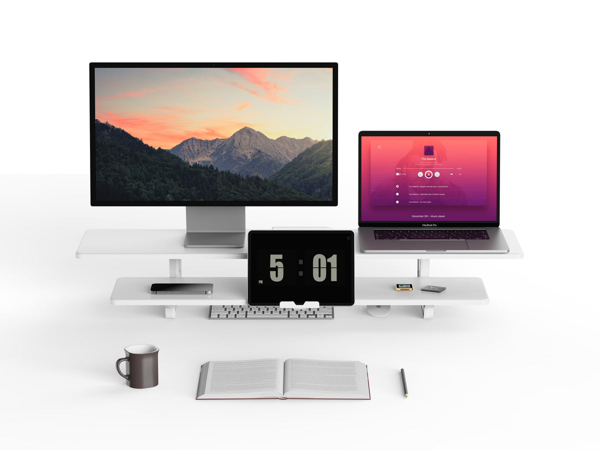 Casemania Monitorstandaard met Telefoonhouder - Wit - Beeldscherm Verhoger voor 2 Monitoren - Tweelaags Monitor Standaard met Opbergplank - Extra Brede Bureauverhoger - Beeldschermstandaard - Bureau Organizer voor Thuiswerkplek en Kantoor
