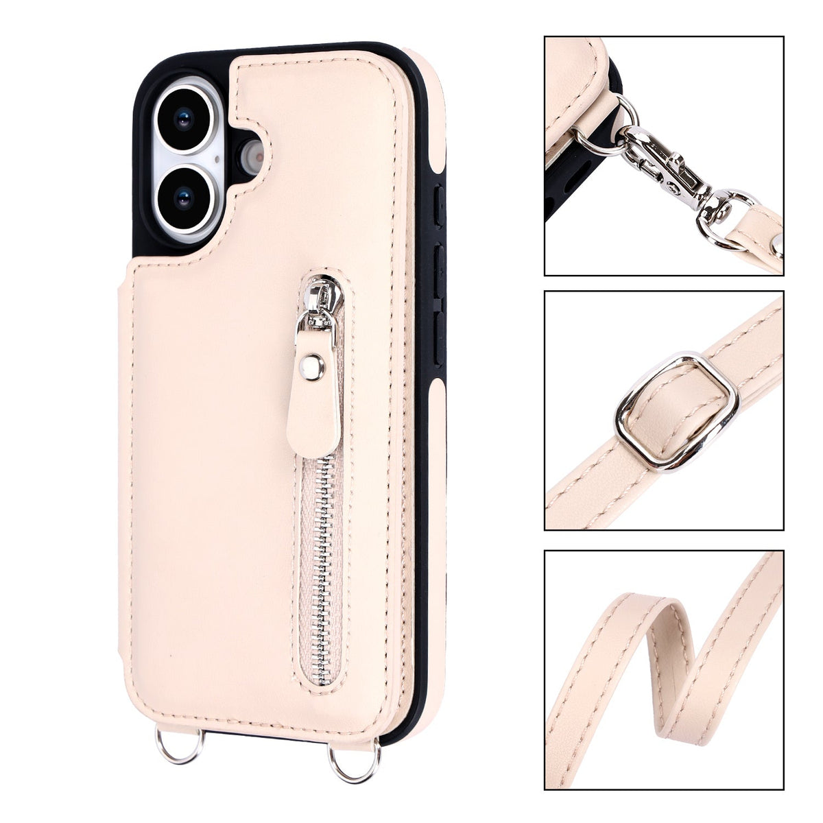 iPhone 17 Hoesje - Beige - Luxe Back Cover met Telefoonkoord en Rits