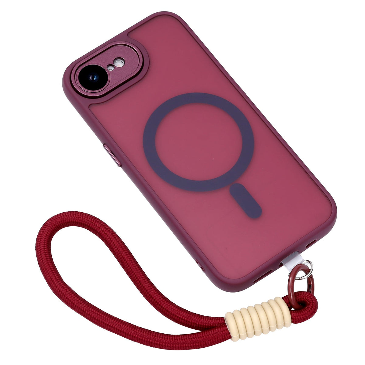 Apple iPhone 16e Hoesje - Bordeaux met Pols Bandje - Matte Armor MagSafe Back Cover met Telefoonkoord