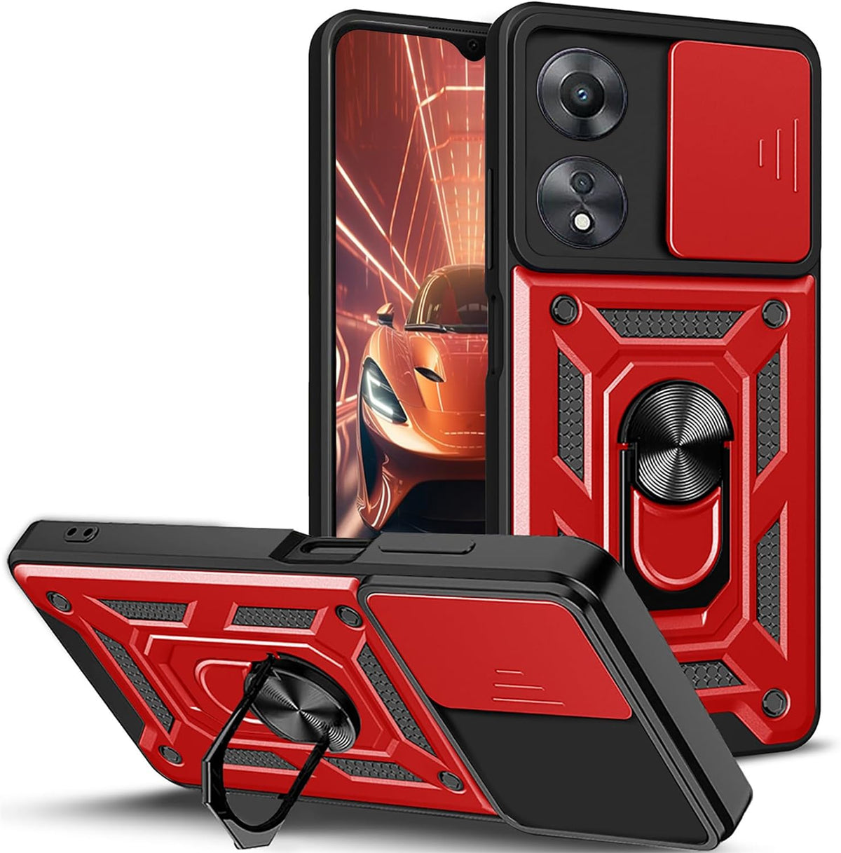 Oppo A58 Hoesje - Rood - Armor Kickstand en Camera Bescherming Back Cover