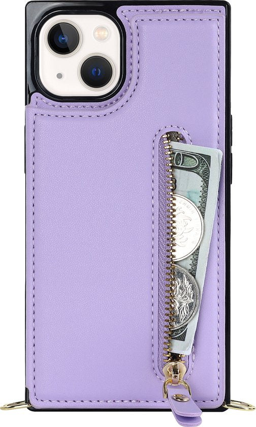 Apple iPhone 14 Hoesje - Paars - Luxe Back Cover met Telefoonkoord en Rits