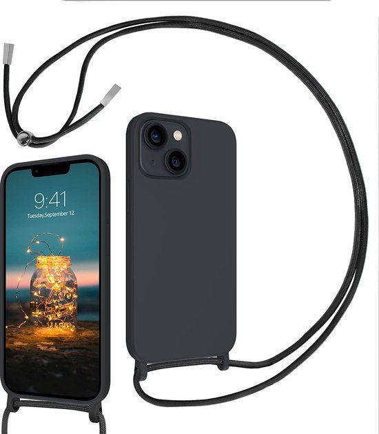 Apple iPhone 14 Plus Hoesje - Zwart - Siliconen Back Cover met Telefoonkoord