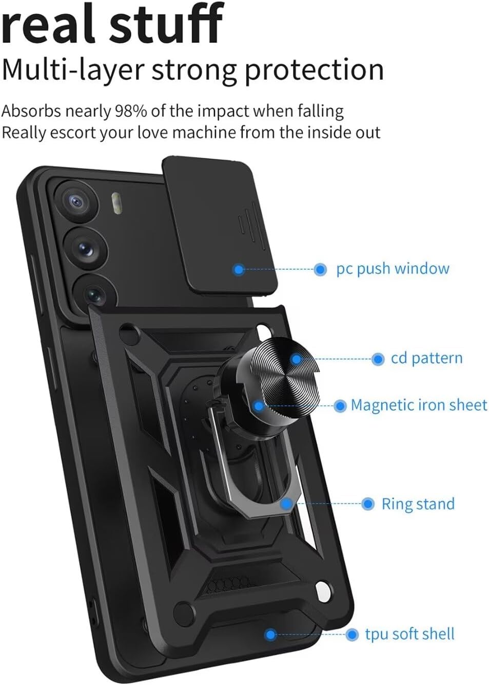OPPO Reno12 Pro Hoesje - Zwart - Armor Kickstand en Camera Bescherming Back Cover