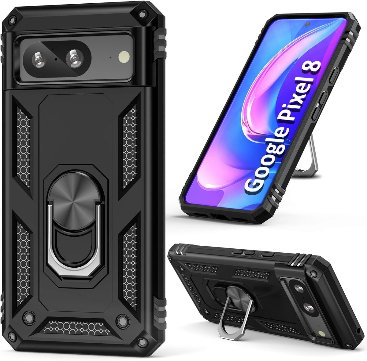 Google Pixel 8 Hoesje - Zwart - Armor Kickstand Back Cover met Magneetring