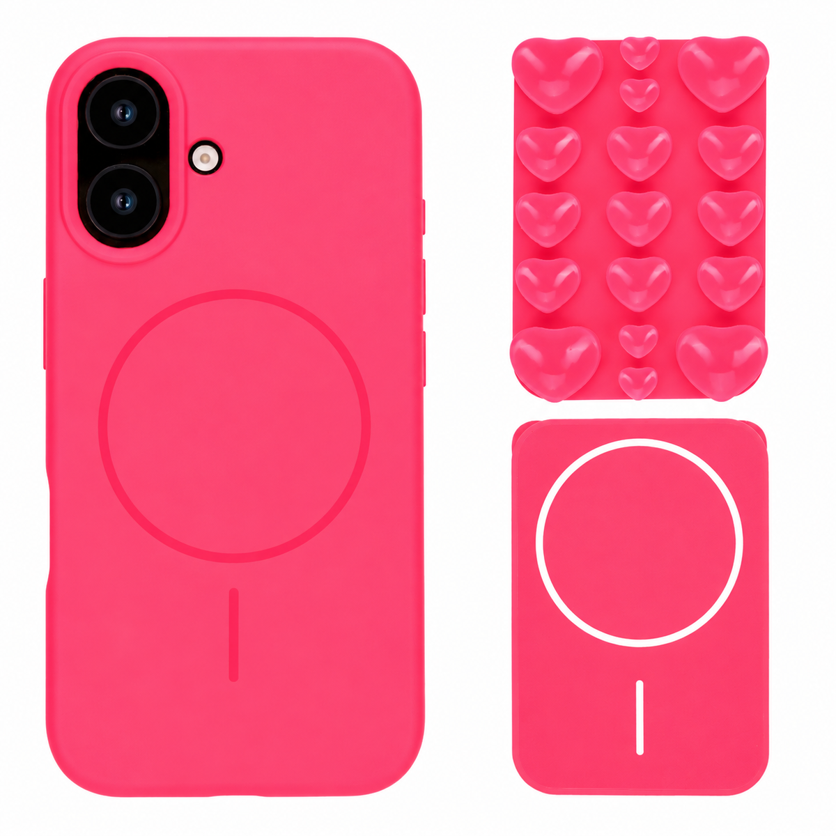 Apple iPhone 17 Hoesje - Neon Roze - Siliconen Back Cover met Afneembare Hartjes Zuignappen