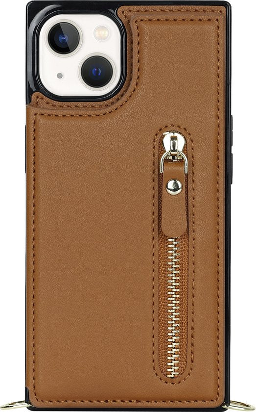 Apple iPhone 14 Plus Hoesje - Bruin - Luxe Back Cover met Telefoonkoord en Rits