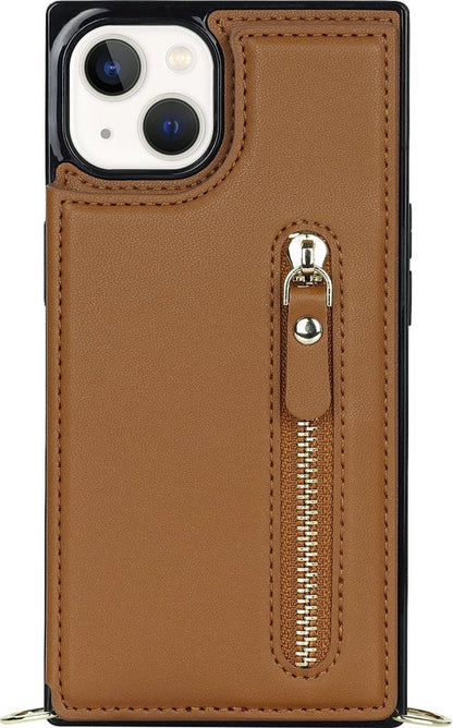 Apple iPhone 14 Plus Hoesje - Bruin - Luxe Back Cover met Telefoonkoord en Rits