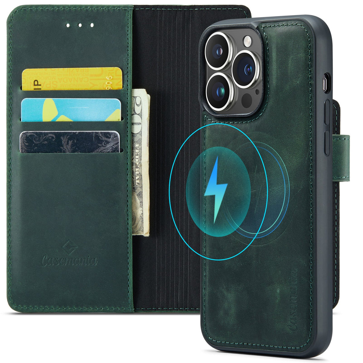 Apple iPhone 15 Pro Hoesje - Emerald Green - Echt Leren 2 in 1 MagSafe Bookcase