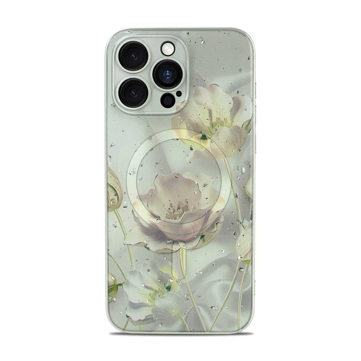 Apple iPhone 15 Pro Hoesje - Grijs - Bloemen Glitter MagSafe Back Cover
