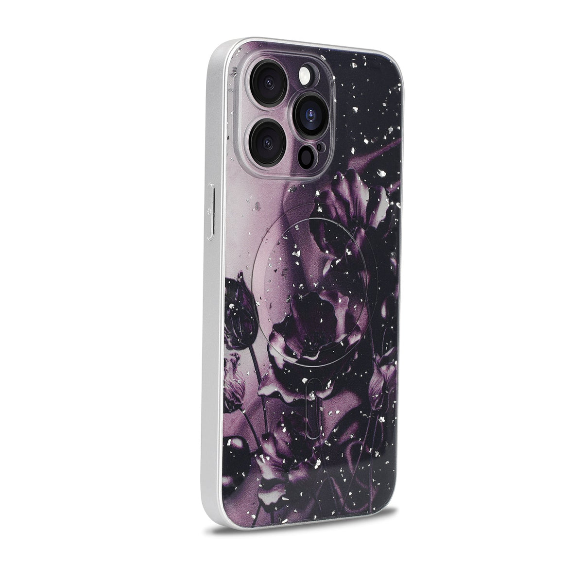 Apple iPhone 14 Pro Hoesje - Donker Paars - Bloemen Glitter MagSafe Back Cover