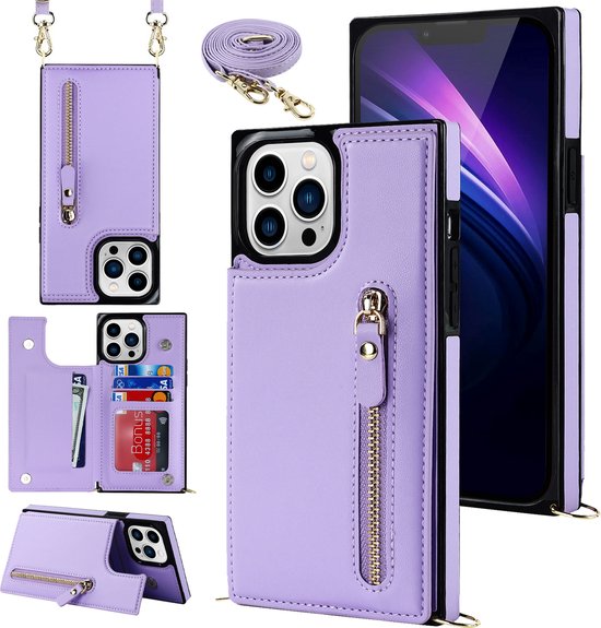 Apple iPhone 15 Pro Max Hülle - Lila - Luxus-Backcover mit Handykette und Reißverschluss