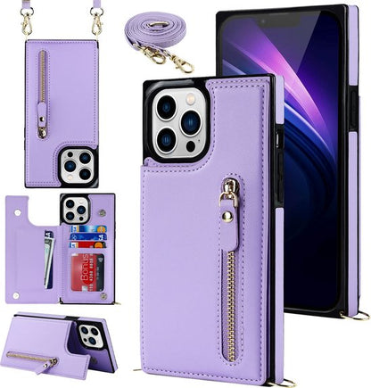 Apple iPhone 15 Pro Hülle - Lila - Luxuriöses Back Cover mit Umhängeband und Reißverschluss