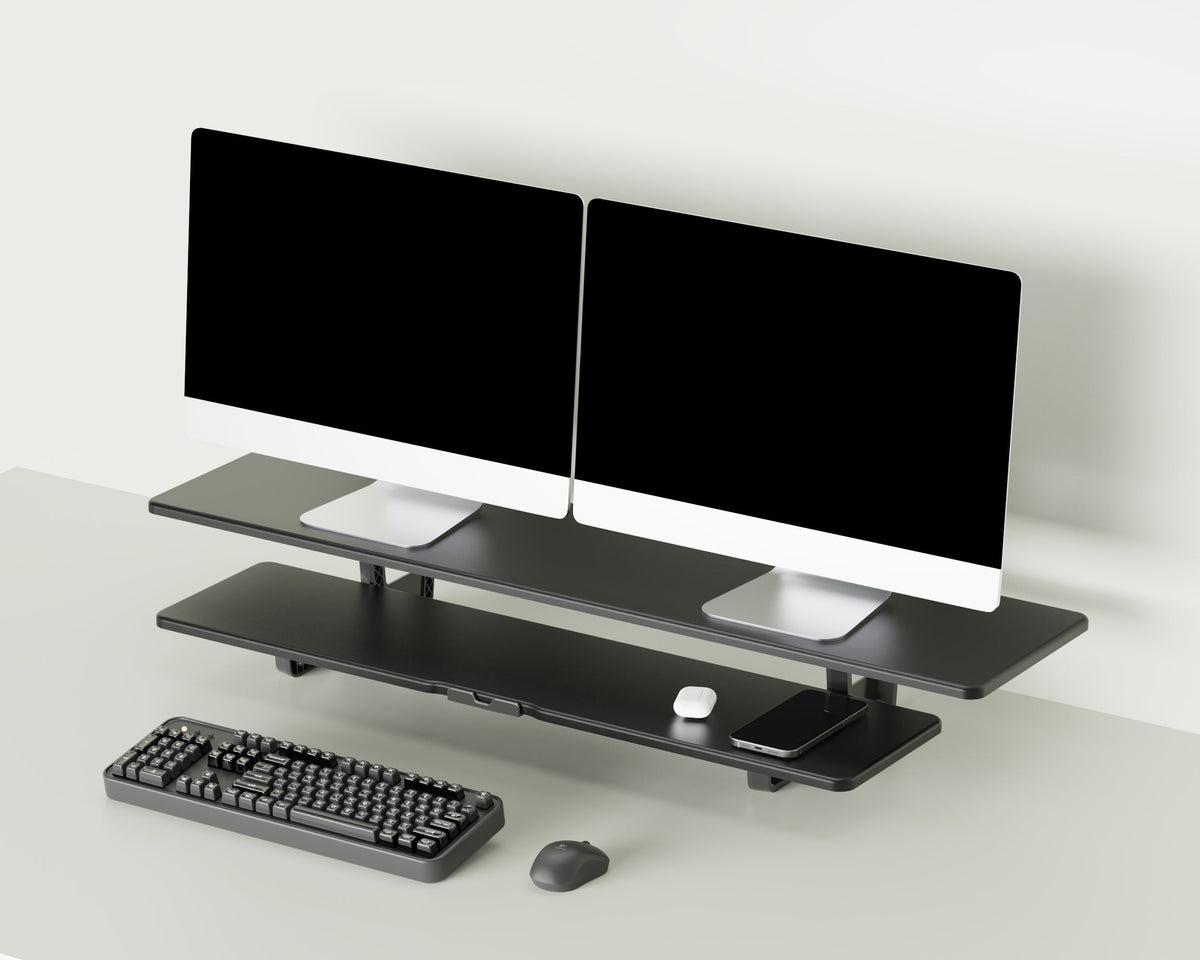 Casemania Monitorstandaard met Telefoonhouder - Zwart - Beeldscherm Verhoger voor 2 Monitoren - Tweelaags Monitor Standaard met Opbergplank - Extra Brede Bureauverhoger - Beeldschermstandaard - Bureau Organizer voor Thuiswerkplek en Kantoor