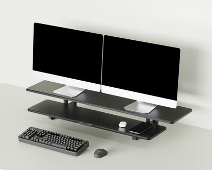 Casemania Monitorstandaard met Telefoonhouder - Zwart - Beeldscherm Verhoger voor 2 Monitoren - Tweelaags Monitor Standaard met Opbergplank - Extra Brede Bureauverhoger - Beeldschermstandaard - Bureau Organizer voor Thuiswerkplek en Kantoor