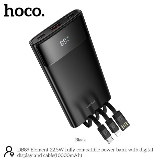 Hoco Powerbank 10.000mAh 22.5W met Ingebouwde Kabels - Zwart