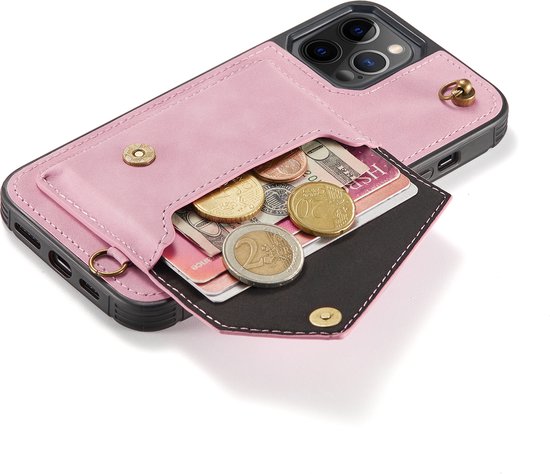 Apple iPhone 12 Pro Max Hoesje - Roze - Luxe Back Cover met Telefoonkoord