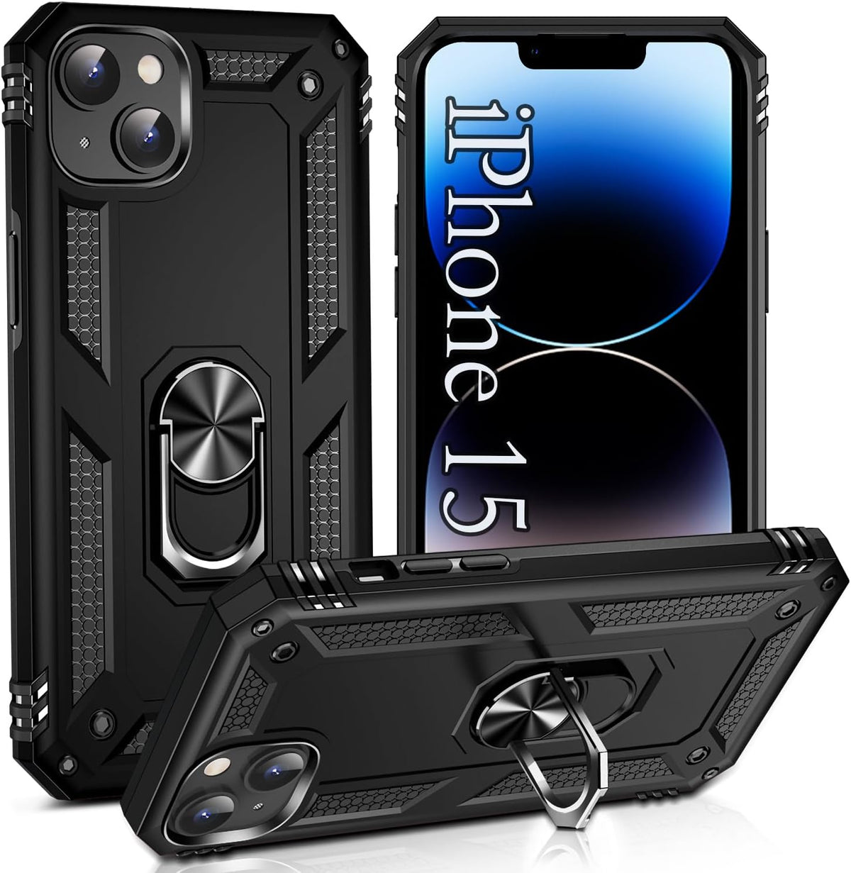 Apple iPhone 15 Hülle - Schwarz - Armor-Ständer-Backcover