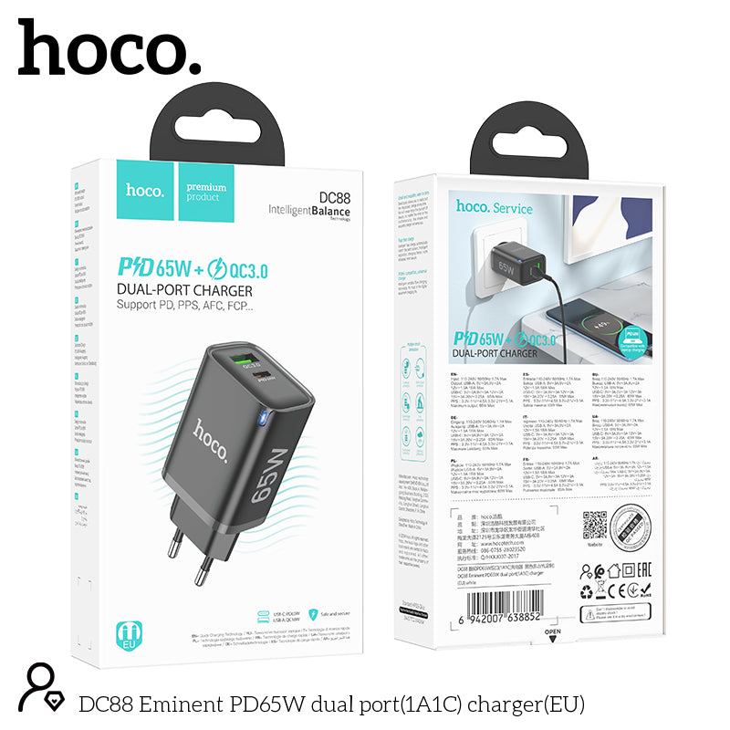 Hoco 65W Snellader 2-poorts USB-C + USB-A - Zwart