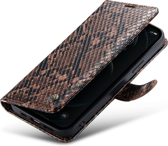 Apple iPhone 12 Hoesje - Bruin - Slangen Bookcase