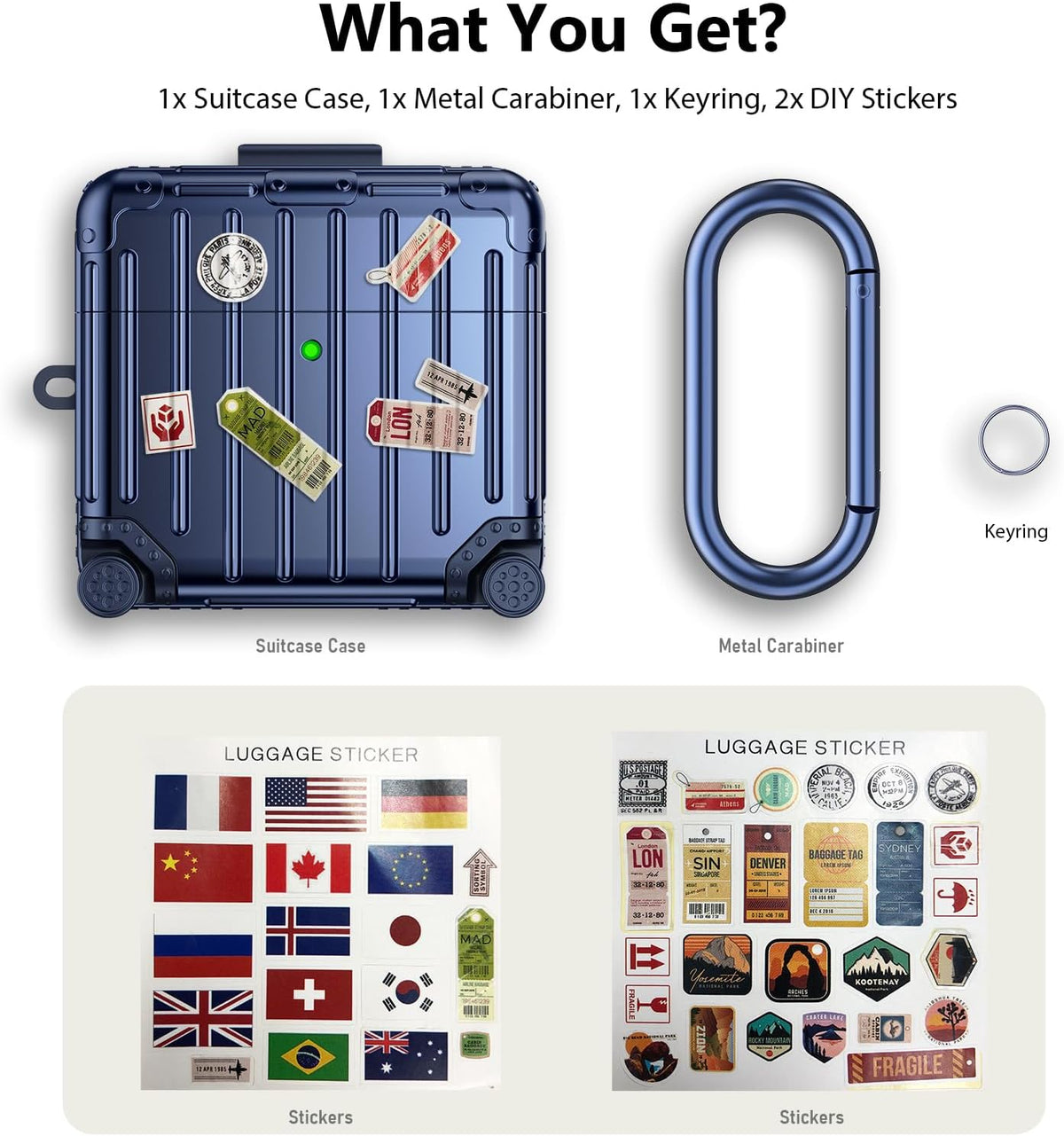 Apple AirPods 4 Hoesje - Koffer Suit Case met Stickers - Blauw