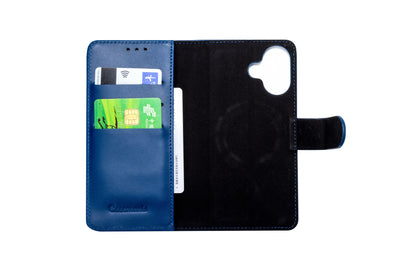 Apple iPhone 17 Hoesje - Navy Blue - Echt Leren MagSafe Bookcase