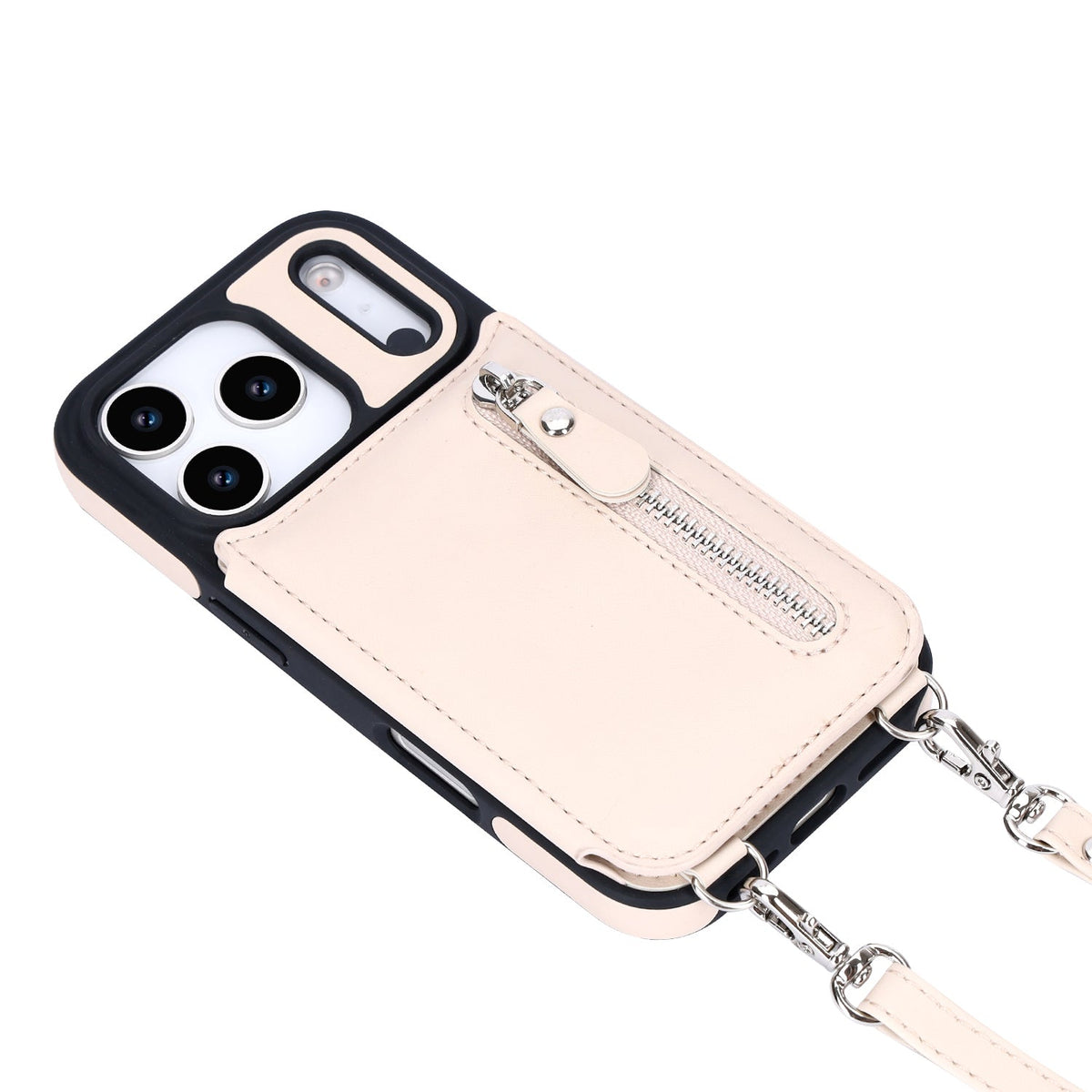 Apple iPhone 18 Pro Max Hoesje - Beige - Luxe Back Cover met Telefoonkoord en Rits
