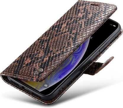 Étui iPhone X / XS - Marron - Housse portefeuille effet serpent