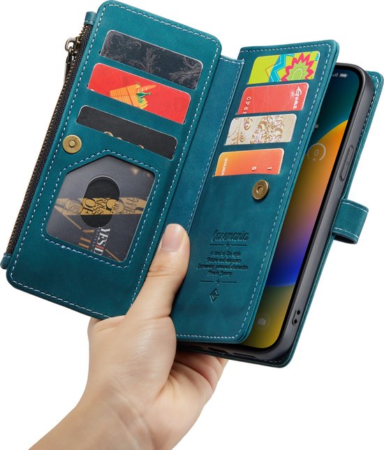 Apple iPhone 14 Pro Max Hoesje - Emerald Green - Luxe Bookcase met Rits en Telefoonkoord