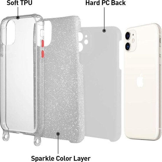 Samsung Galaxy S21 Plus Hoesje - Zilver - Glitter Back Cover met Telefoonkoord