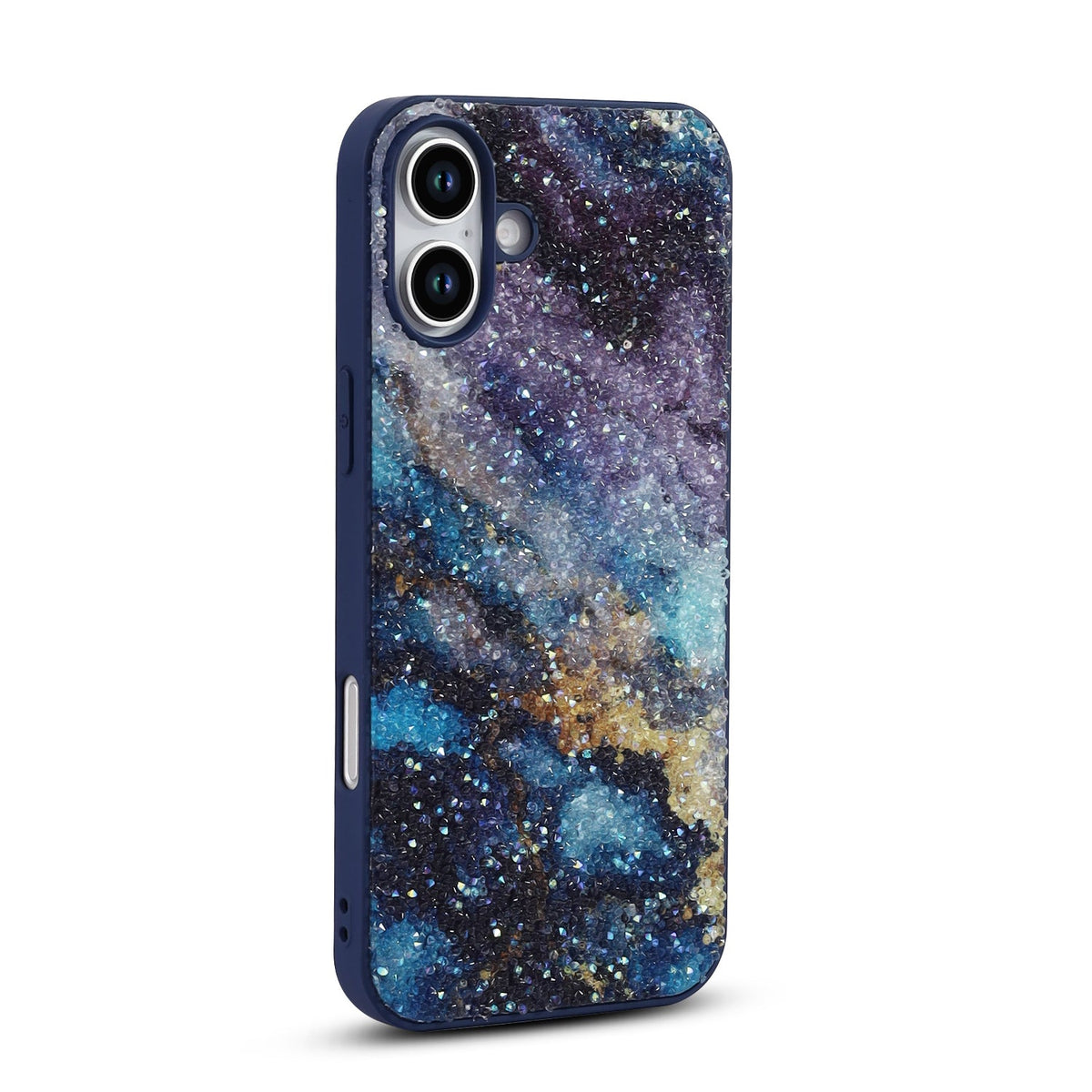 Apple iPhone 16 Hoesje - Blauw - Diamant Marmer Glitter Back Cover