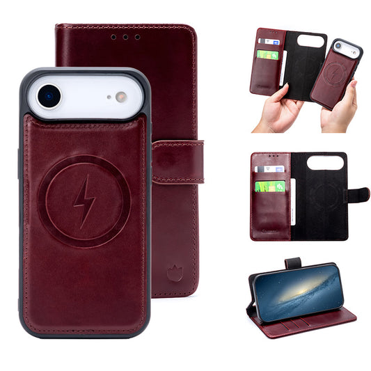 Apple iPhone Air Hülle - Burgundy Red - Echtleder MagSafe Klapphülle mit Kartenfach
