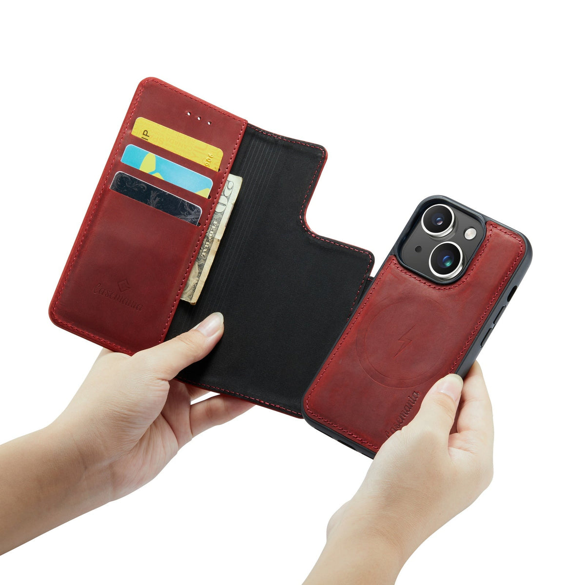 Apple iPhone 15 Plus Hülle - Crimson Red - Echtleder-2-in-1-MagSafe-Klapphülle mit Kartenfach