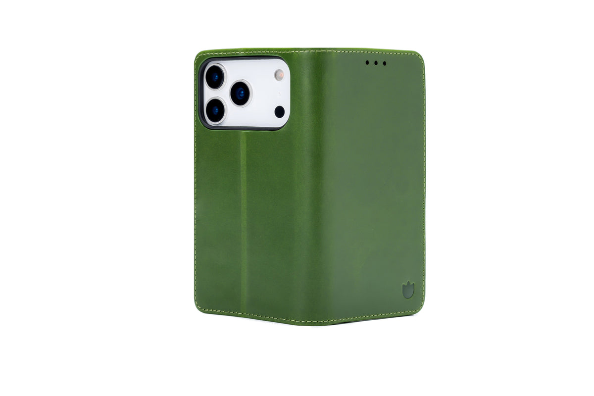 Apple iPhone 18 Pro Max Case - Olive Green - Genuine Leather Wallet Case