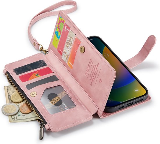 Apple iPhone 14 Pro Hoesje - Pale Pink - Luxe Bookcase met Rits en Telefoonkoord