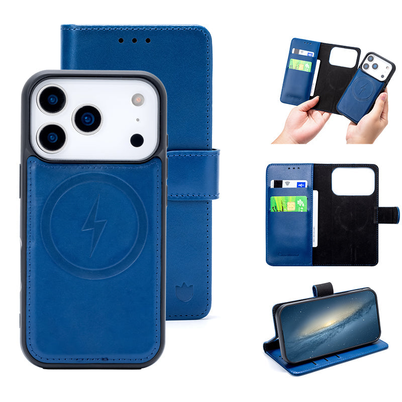 Apple iPhone 18 Pro Hoesje - Navy Blue - Echt Leren 2 in 1 MagSafe Bookcase
