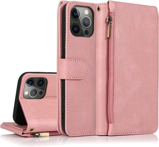 Apple iPhone 13 Pro Max Hoesje - Roze - Extra Stevige Luxe Bookcase met Rits en Vakken