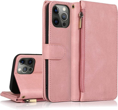 Apple iPhone 13 Pro Case - Pink - Extra Sturdy Luxury Wallet Case with Zip and Compartments
