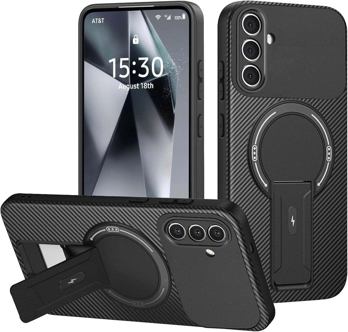 Samsung Galaxy A57 Case - Zwart Carbon - Silicone MagSafe Back Cover with Kickstand Stand