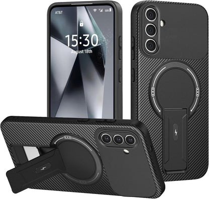 Samsung Galaxy A57 Case - Zwart Carbon - Silicone MagSafe Back Cover with Kickstand Stand