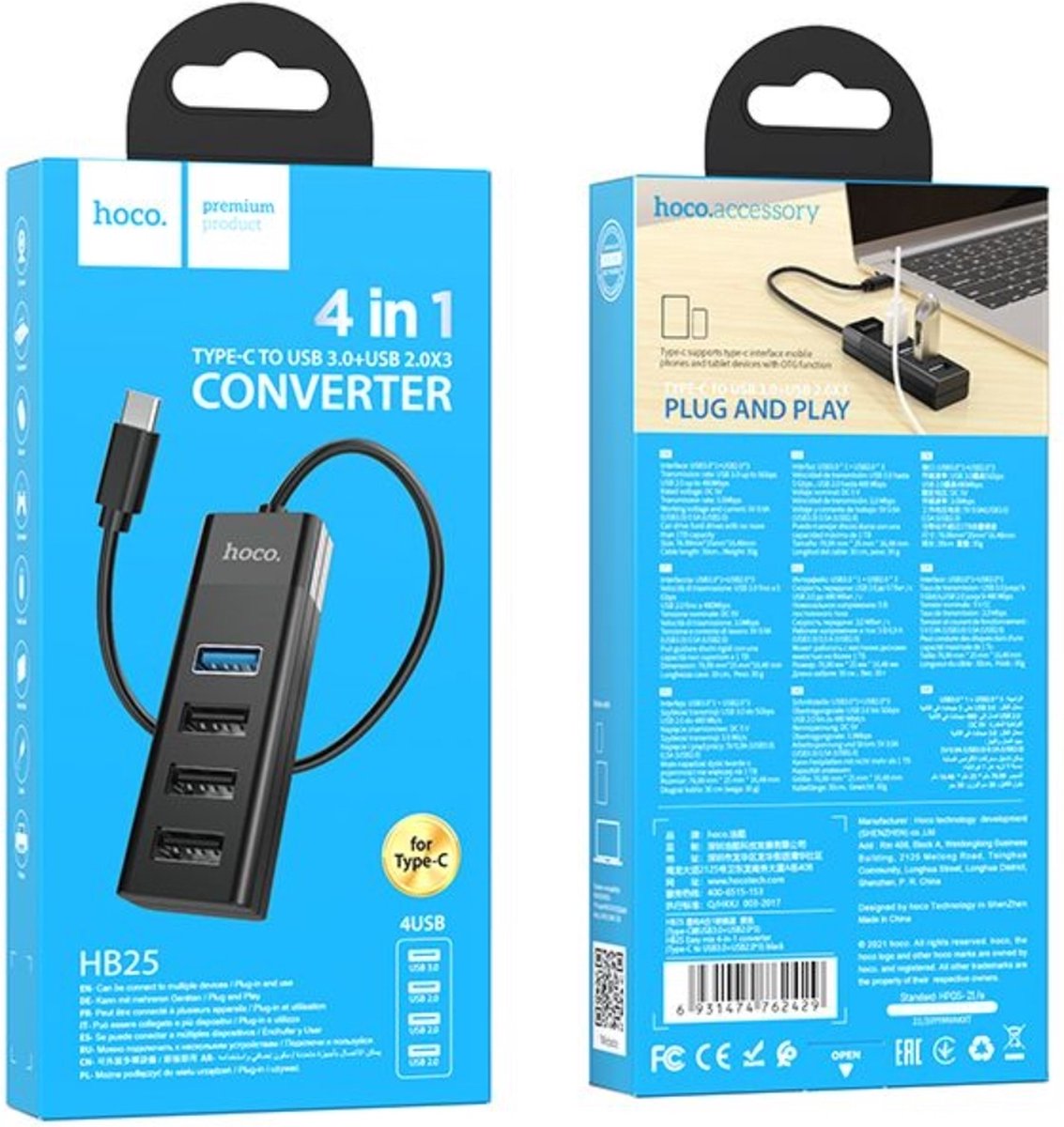 Hoco 4 in 1 Poort USB Hub - Type C naar 1X USB-A 3.0 en 3X USB-A 2.0