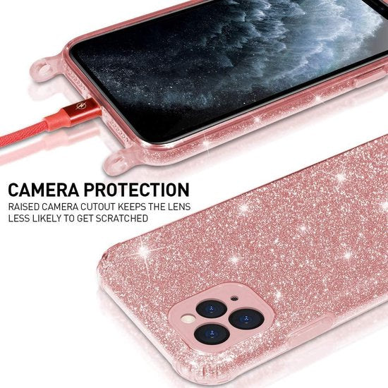Apple iPhone 12 Pro Max Hoesje - Roze - Glitter Back Cover met Telefoonkoord