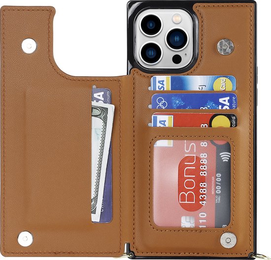 Apple iPhone 15 Pro Hoesje - Bruin - Luxe Back Cover met Telefoonkoord en Rits