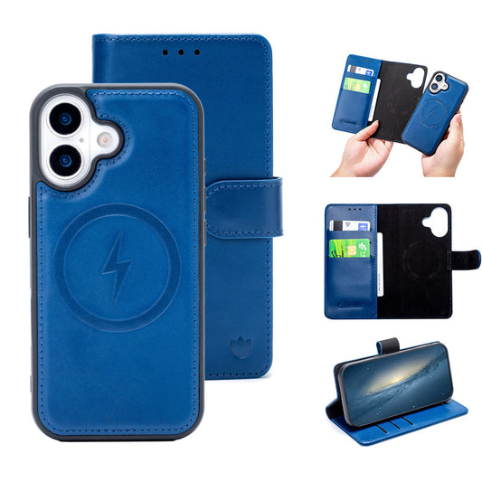 Apple iPhone 17 Case - Navy Blue - Genuine Leather MagSafe Wallet Case