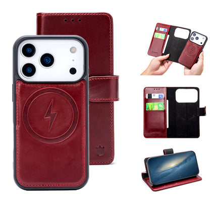 Apple iPhone 17 Pro Max Case - Maroon Red - Genuine Leather MagSafe Wallet Case