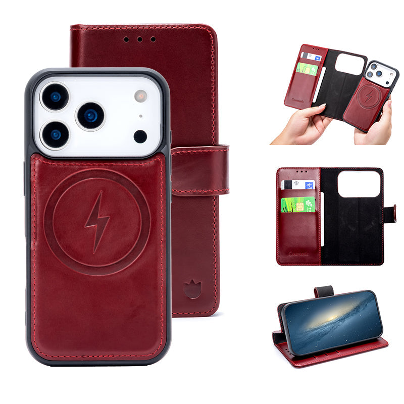 Apple iPhone 18 Pro Hoesje - Maroon Red - Echt Leren 2 in 1 MagSafe Bookcase
